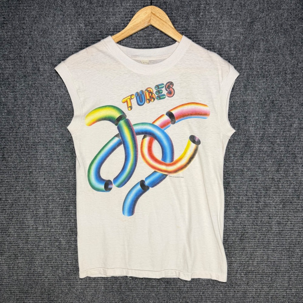 Vintage 1985 The Tubes Band Muscle Tee White Sleeveless Rock Graphic Shirt 80s